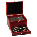 Rosewood Finish Wine Presentation Box Gift Set with two wine glasses and tools